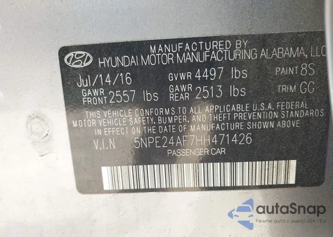 2017 Hyundai Sonata Se z USA, uszkodzony, nr VIN 5NPE24AF7HH471426